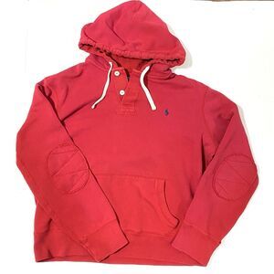 90s Vtg Polo Ralph Lauren XL Quarter Button ELBOW PATCHES Red Hoodie